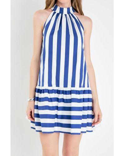 English Factory Striped Halter Dress - Blue