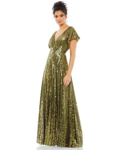 Mac Duggal Sequined Butterfly Sleeve Wrap Over A Line Gown - Green