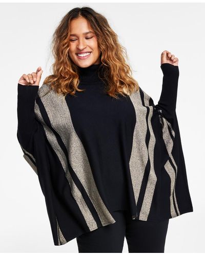 Alfani Plus Size Lurex Striped Poncho Sweater - Black