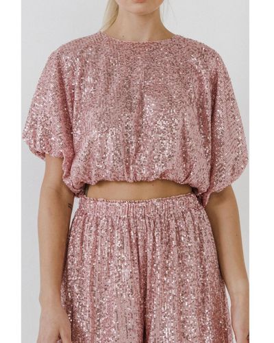 Endless Rose Sequins Cropped Puff Top - Pink