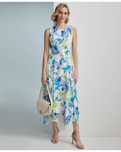 Calvin Klein Sleeveless Floral Handkerchief Hem Dress - Blue