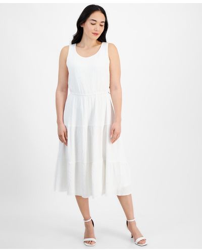 Ak Anne Klein Petite Scoop-neck Sleeveless Tiered Midi Dress - White