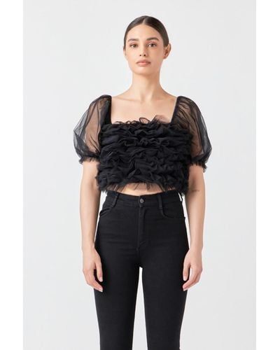 Endless Rose Ruffled Puff Sleeve Tulle Top - Black