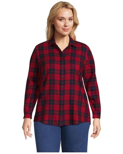 Lands' End Plus Size Flannel Boyfriend Fit Long Sleeve Shirt - Red