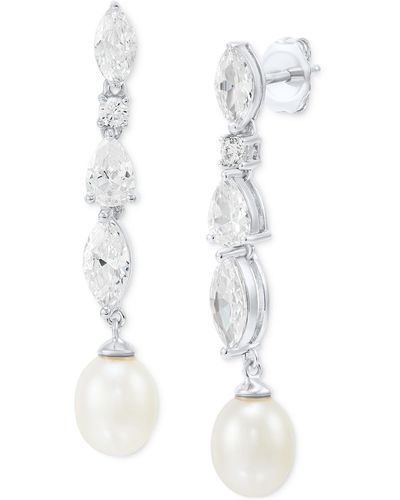Arabella Cultured Freshwater Pearl (7 X 9mm) And Swarovksi Zirconia Drop Earrings In Sterling Silver - Metallic