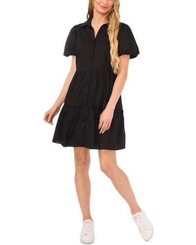 Cece Collared Puff-sleeve Tiered Shirtdress - Black
