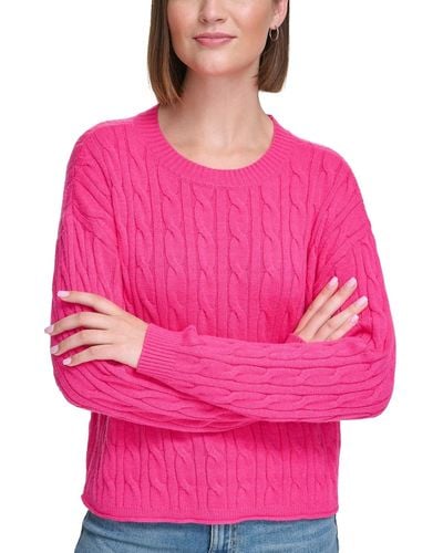 Calvin Klein Lightweight Cable Knit Cropped Long Sleeve Crewneck Sweater - Pink
