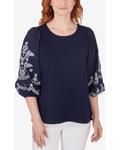 Ruby Rd. Petite Medallion Embroidered Lantern Sleeve Top - Blue