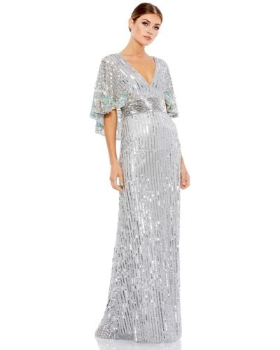 Mac Duggal Sequined V Neck Floral Embellished Cape Sleeve Gown - White