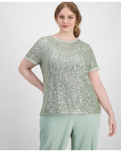 Anne Klein Plus Size Sequin-embellished Short-sleeve Top - Green