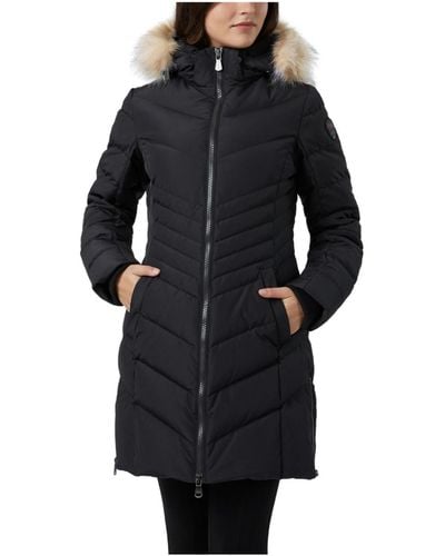 Pajar Queens Faux Fur Trim Chevron Quilt Mid Length Coat - Black