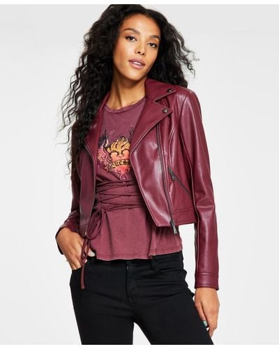 Guess Venom Cropped Moto Long-sleeve Zipper Jacket Pleather - Red