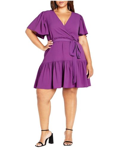 City Chic Plus Size Catherine Faux Wrap Mini Dress - Purple