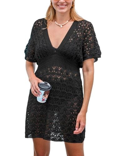 CUPSHE Onyx Crochet Plunging Cover-up Beach Dress - Black