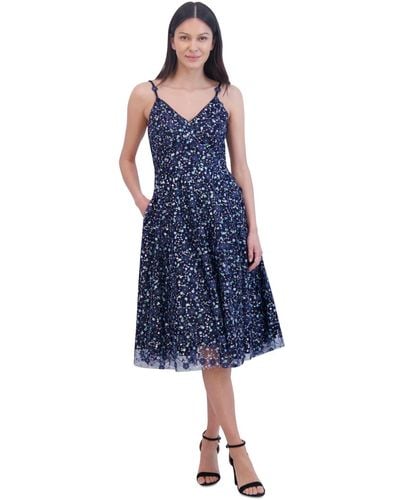 Eliza J Floral Sequin Sleeveless Fit & Flare Dress - Blue