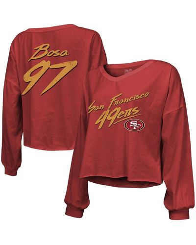 Majestic Threads Nick Bosa Distressed San Francisco 49ers Name And Number Script Off-shoulder Cropped Long Sleeve T-shirt - Red