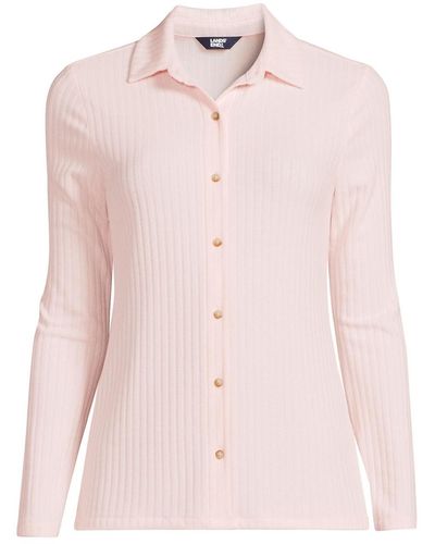 Lands' End Long Sleeve Wide Rib Button Front Polo Shirt - Pink