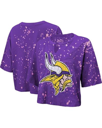 Majestic Threads Distressed Minnesota Vikings Bleach Splatter Notch Neck Crop T-shirt - Purple
