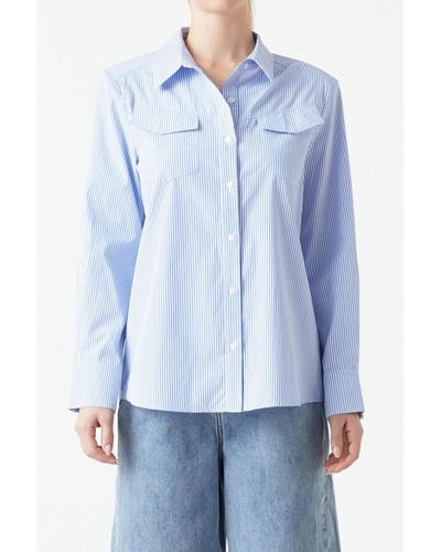 Grey Lab Power Shoulder Striped Shirt - Blue