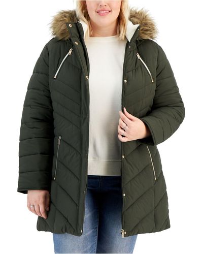 Maralyn & Me Juniors' Trendy Plus Size Faux-fur-trim Hooded Puffer Coat, Created For Macy's - Green