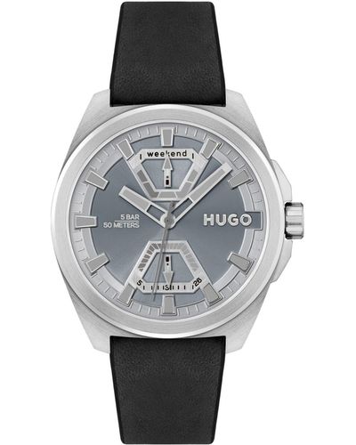HUGO Expose Black Leather Strap Watch 44mm - Metallic