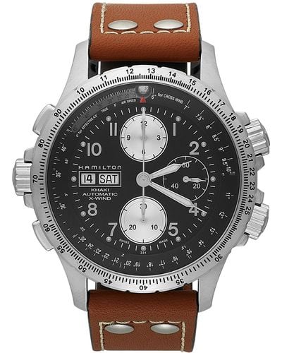Hamilton Watch, Men's Swiss Automatic Chronograph Khaki X-wind Brown Leather Strap 44mm H77616533 - Metallic