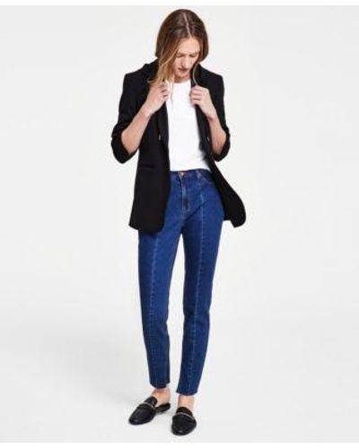 Anne Klein Hooded Notch Collar Compression Jacket Scoop Neck Short Sleeve T Shirt Seamed High Rise Slit Hem Denim Jeans - Blue