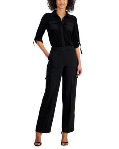 Anne Klein Convertible Sleeve Utility Shirt Tab Waist Cargo Pants - Black