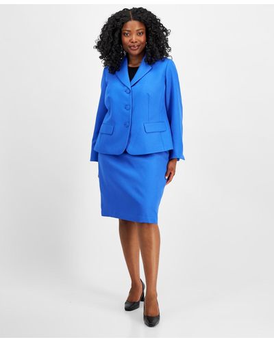 Le Suit Plus Size Textured Two-button Jacket & Skirt Suit - Blue