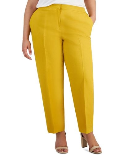 Kasper Plus Size Linen-blend Straight-leg Pants - Yellow