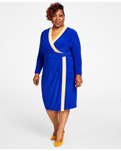 Kasper Plus Size Surplice V-neck Long-sleeve Dress - Blue