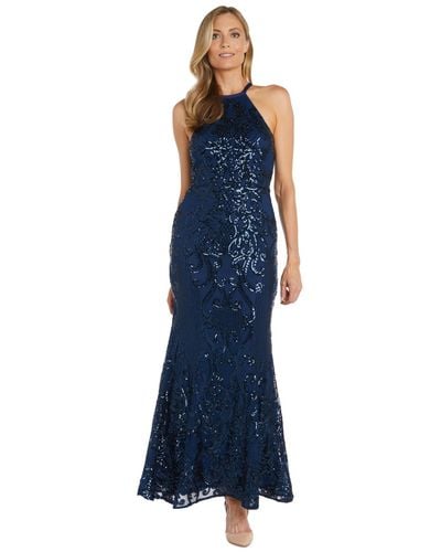 Nightway Sequined Sleeveless Halter Gown - Blue