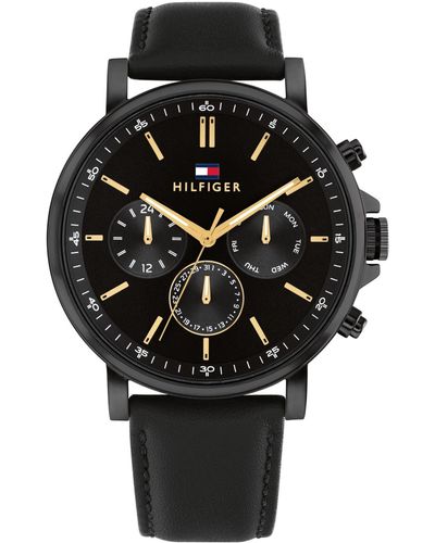Tommy Hilfiger Multifunction Leather Watch 44mm - Black