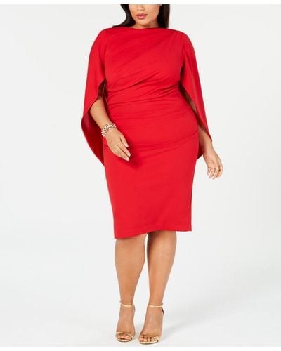 Betsy & Adam Plus Size Ruched Cape Dress - Red