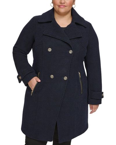 Guess Plus Size Notched-collar Double-breasted Cutaway Coat - Blue