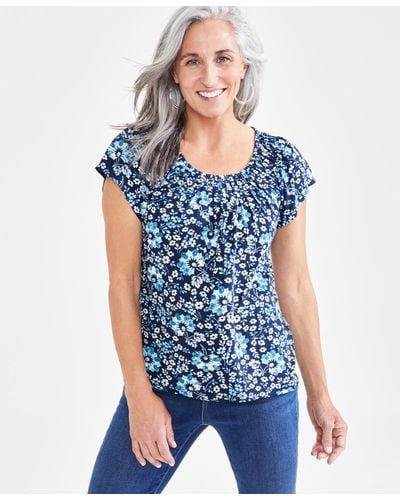 Style & Co. Petite Pleated-neck Floral Top - Blue