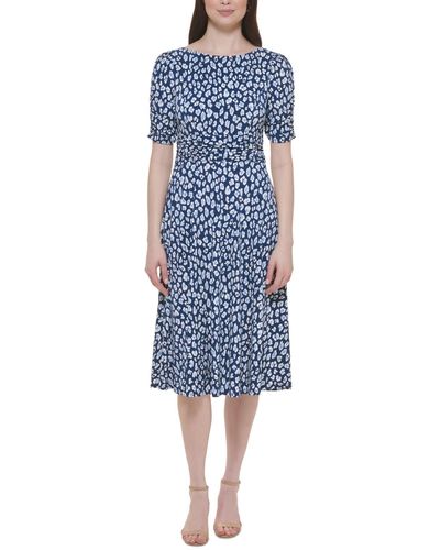 Jessica Howard Petite Printed Boat-neck Ruched-waist Dress - Blue