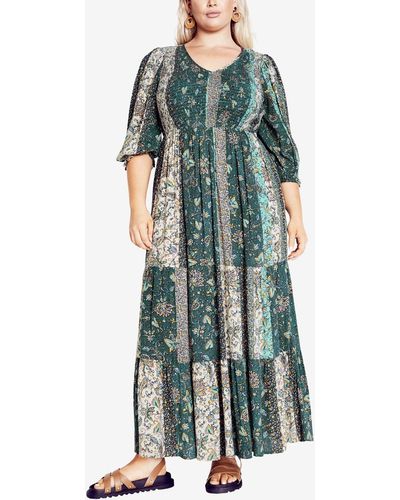 Avenue Plus Size Cheree Shirred Tiered Maxi Dress - Green
