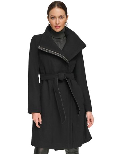 DKNY Asymmetrical Belted Funnel-neck Wool Blend Coat - Black