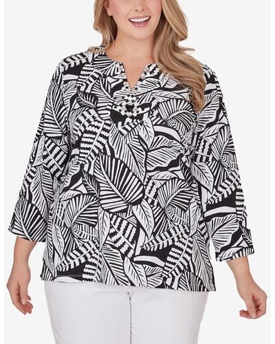 Ruby Rd. Plus Size Tropical Leaf Print Top - Gray