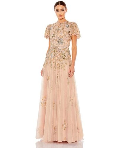 Mac Duggal Embellished Butterfly Sleeve High Neck Gown - Natural