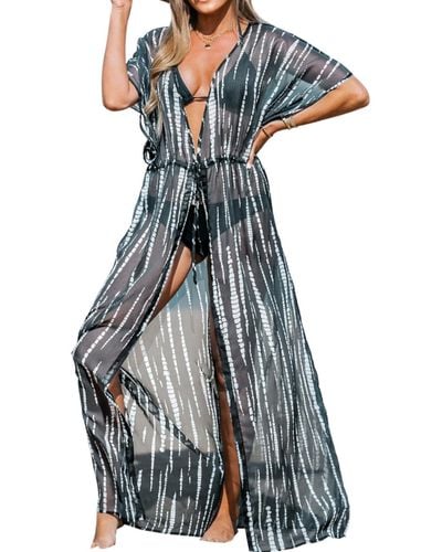 CUPSHE Abstract Print Sheer Cover-up Duster Kimono - Blue
