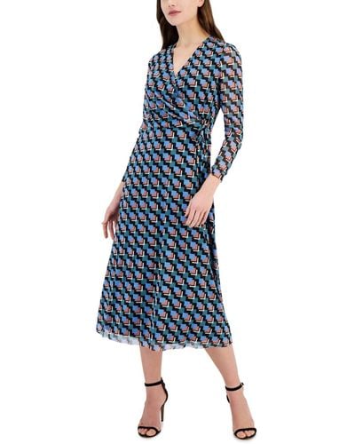 Anne Klein Printed Faux-wrap Midi Dress - Blue