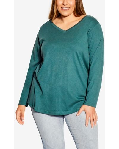 Avenue Plus Size V Neck Essential Long Sleeve T-shirt - Green
