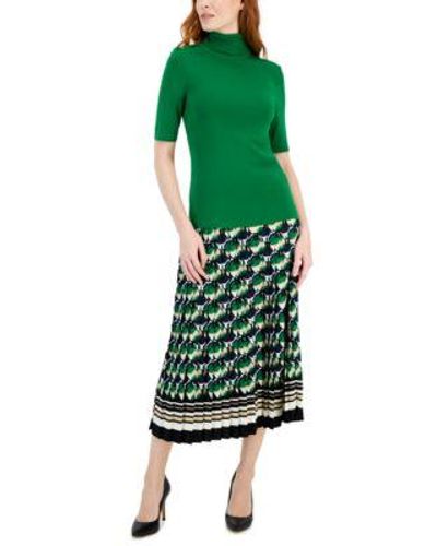 Anne Klein Turtleneck Elbow Sleeve Sweater Printed Pull On Pleated Skirt - Green