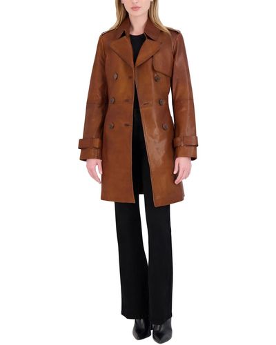 Tahari Natalie Belted Leather Trench Coat - Brown