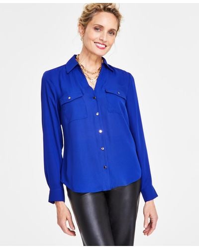 INC International Concepts Collared Button-down Blouse - Blue