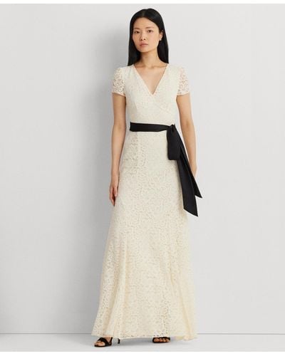 Lauren by Ralph Lauren Belted Lace A-line Gown - Natural