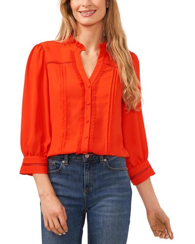 Cece Lace Trimmed Pintuck 3/4-sleeve Button Front Blouse - Red