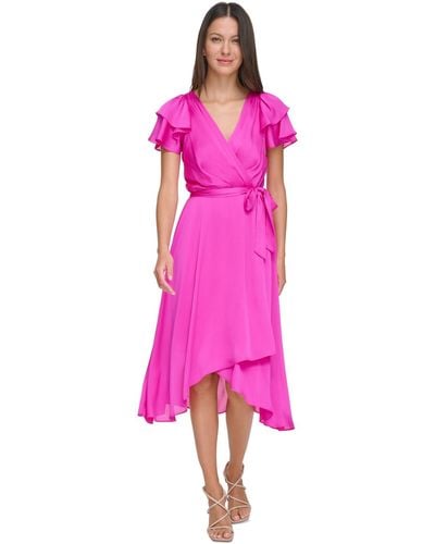 DKNY Layered Flutter-sleeve Tie-waist Dress - Pink